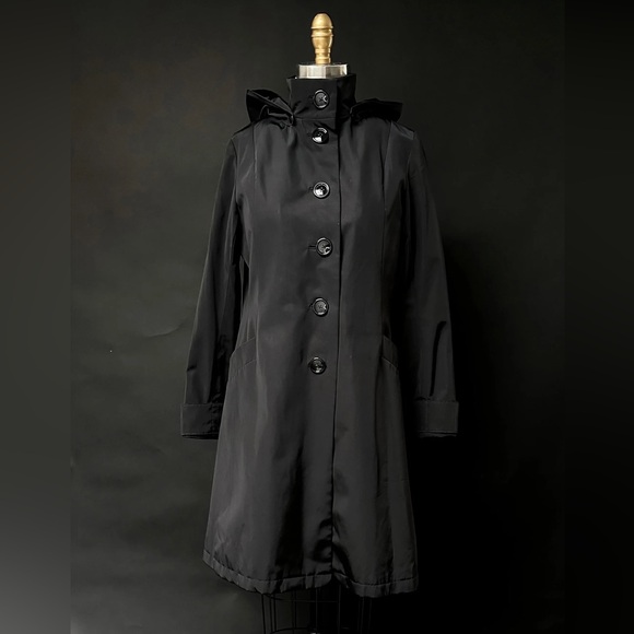 Jane Post Saks Fifth Ave 2-in-1 Black Rain Coat Wool Zipped Wool Liner Hooded - Picture 2 of 11